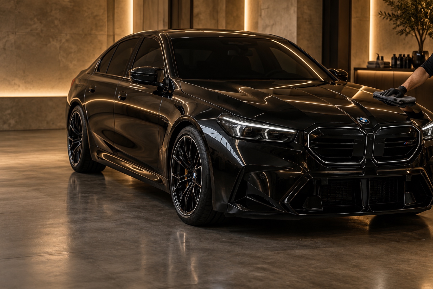 Чёрная BMW M5 G90 с тонированными стёклами